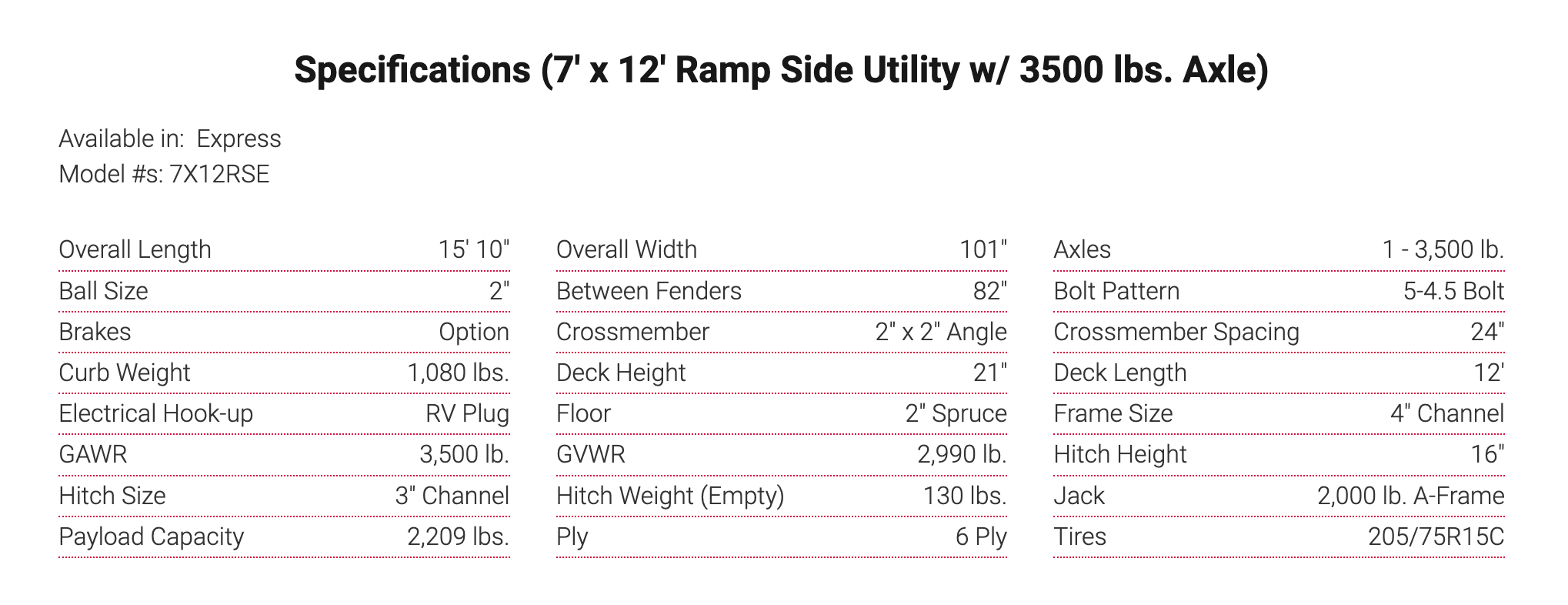 Specifications (7' x 12' Ramp Side Utility w/ 3500 lbs. Axle) 